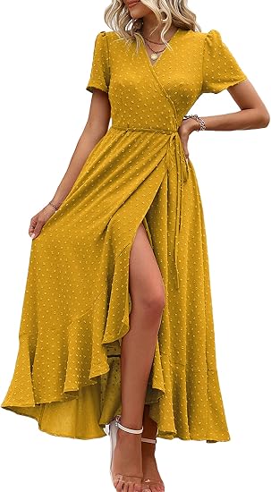 Women's Boho Floral Maxi Dress Summer Short Sleeve Wrap V Neck Long Flowy Beach Vacation Wedding Guest Dresses