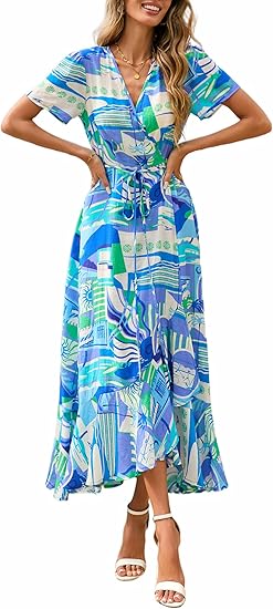 Women's Boho Floral Maxi Dress Summer Short Sleeve Wrap V Neck Long Flowy Beach Vacation Wedding Guest Dresses