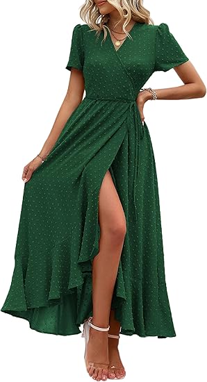 Women's Boho Floral Maxi Dress Summer Short Sleeve Wrap V Neck Long Flowy Beach Vacation Wedding Guest Dresses