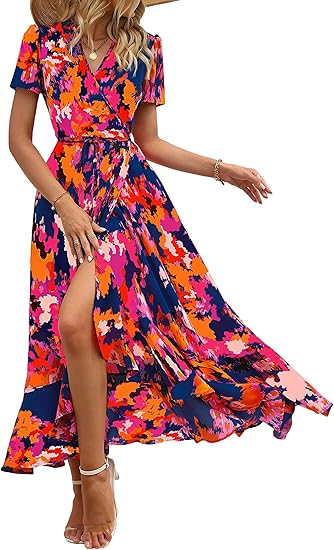 Women's Boho Floral Maxi Dress Summer Short Sleeve Wrap V Neck Long Flowy Beach Vacation Wedding Guest Dresses