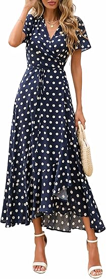 Women's Boho Floral Maxi Dress Summer Short Sleeve Wrap V Neck Long Flowy Beach Vacation Wedding Guest Dresses
